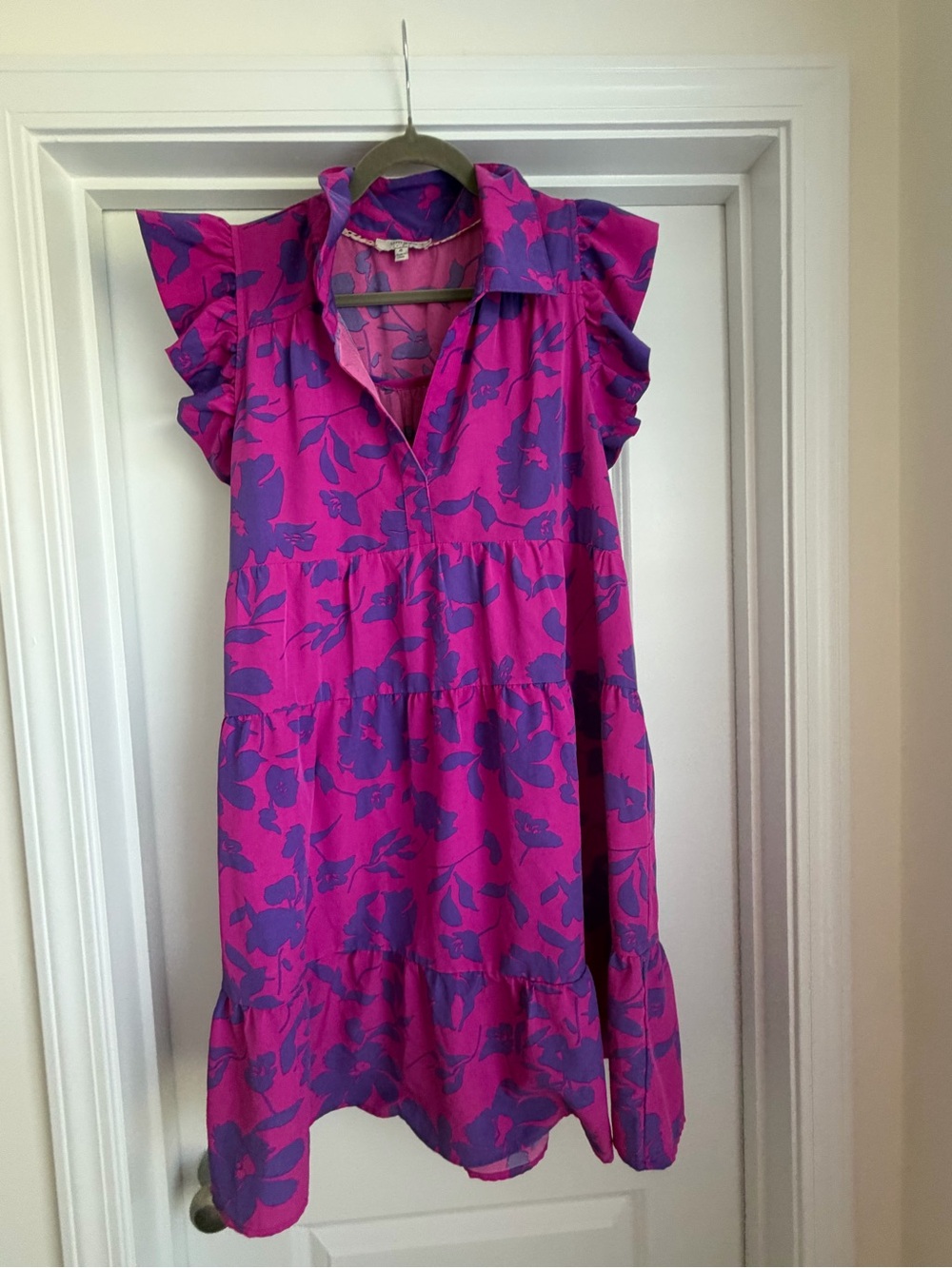 Umgee Pink and Purple Floral Tiered Flutter-Sleeve Dress